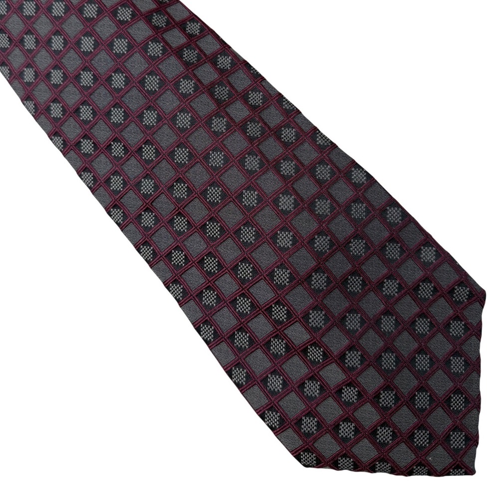 Robert Talbott Best of Class Nordstrom Silk Tie Grey Burgundy Geometric Grid USA